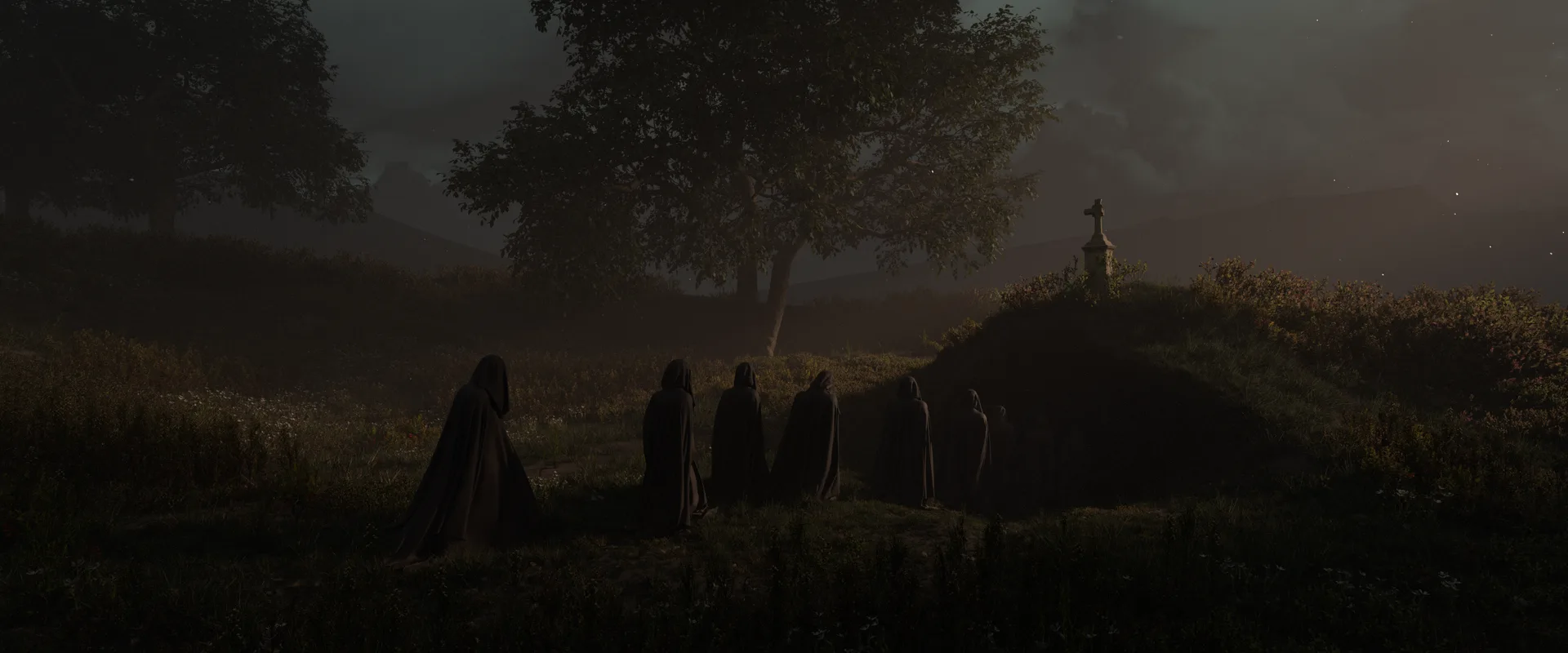 Cloaked figures approaching a mouth of the Maw at dusk