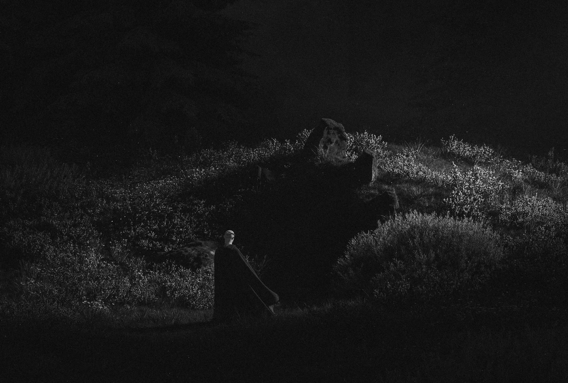 A hooded figure at a sunken mouth of the Maw, the Hawthorn wreath upon their brow